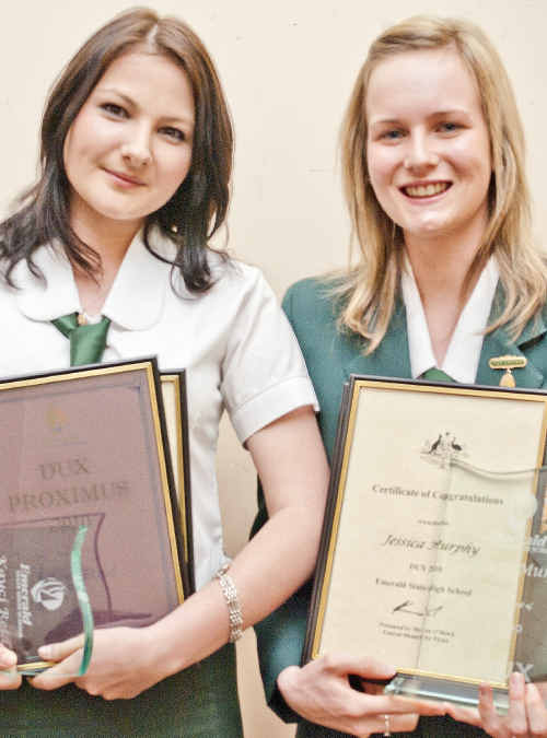 TOP OF THE CLASS: Dux Jessica Murphy (right) enjoys the Emerald SHS awards night with Dux Proximus Kayci Reid. cont TOP OF THE CLASS: Dux Jessica Murphy (right) enjoys the Emerald SHS awards night with Dux Proximus Kayci Reid. cont